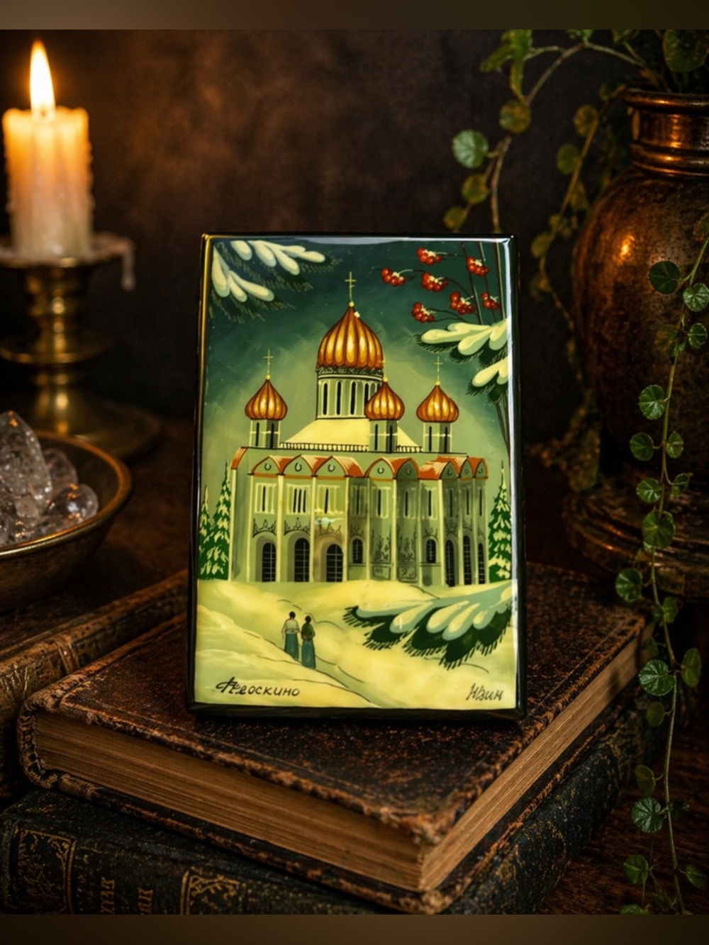 FEDOSKINO Hand-Painted Russian Lacquer Box w/ Gold Gorgeous Architecture MOP